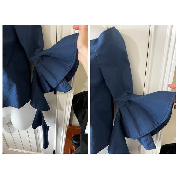 CQ BY CQ Linen Blouse Top Off The Shoulder Ruffle Embellishment 3/4 Sleeve Navy - Picture 9 of 14